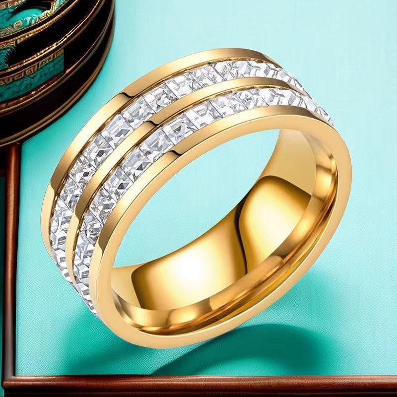 Titanium Steel Ring With Diamond And Gold Plated YongxiJewelry Gold Double Circle