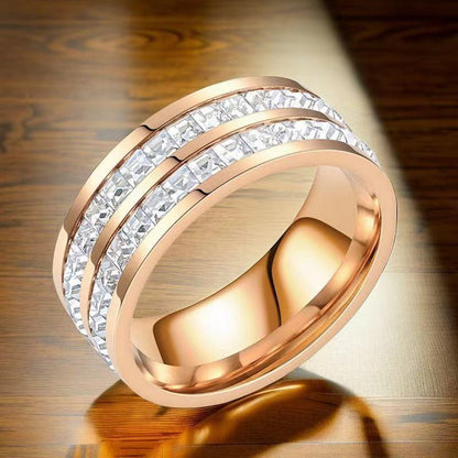 Titanium Steel Ring With Diamond And Gold Plated YongxiJewelry Rose Gold Double Circle