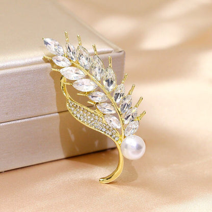 Beauty Leaf Crystal And Pearl Brooch YongxiJewelry 4