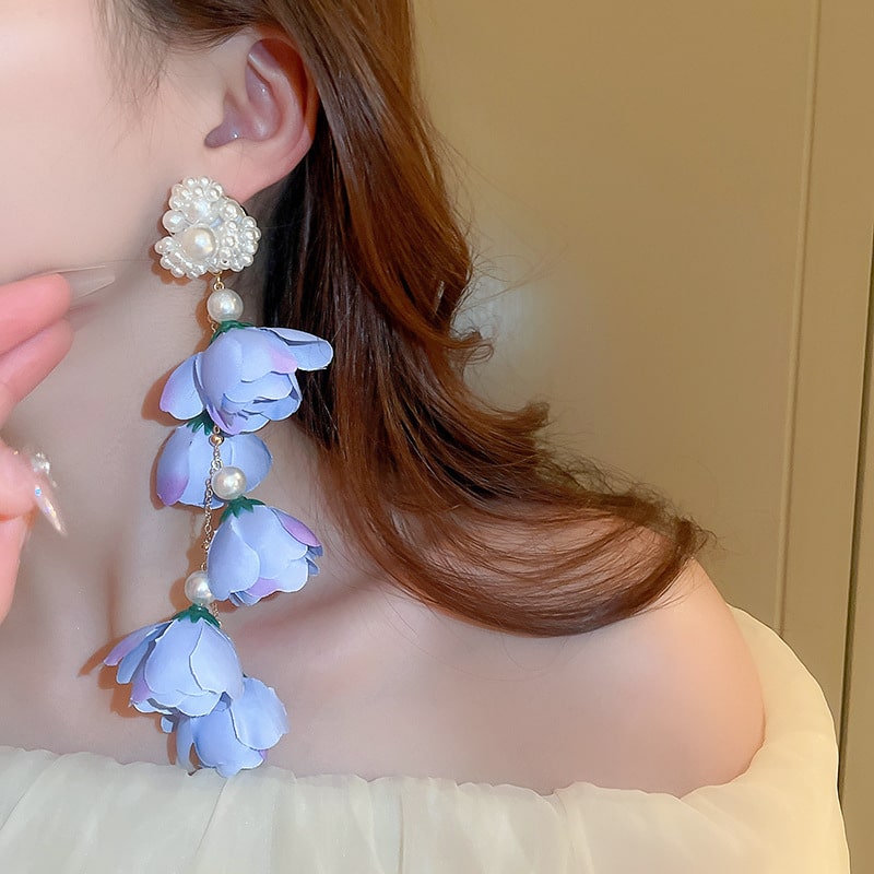 Blue Floral Pearl Earrings YongxiJewelry 2