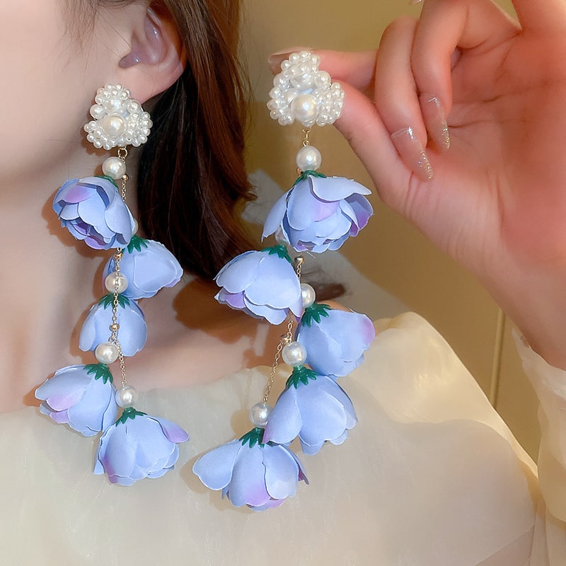 Blue Floral Pearl Earrings YongxiJewelry 4