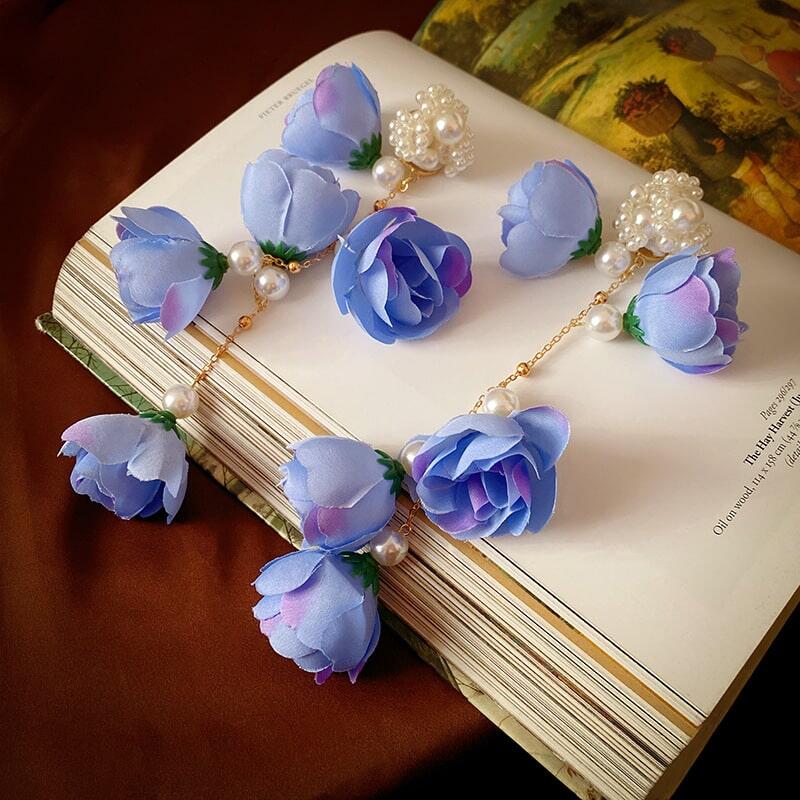 Blue Floral Pearl Earrings YongxiJewelry 5