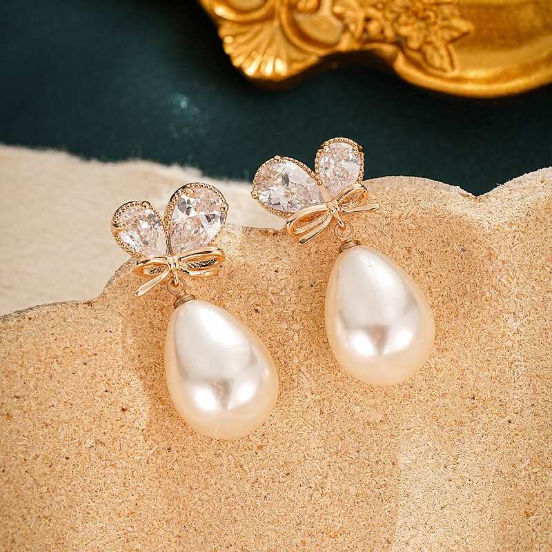 Butterfly Zircon Drop Pearl Earring YongxiJewelry 1