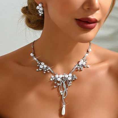 Charming Floral Rhinestones & Pearl Necklace Earrings Set YongxiJewelry 5