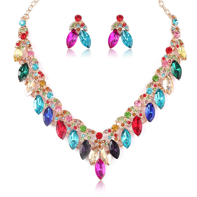 Charmming Multicolor Zircon Teardrop Necklace and Earrings Set YongxiJewelry  1