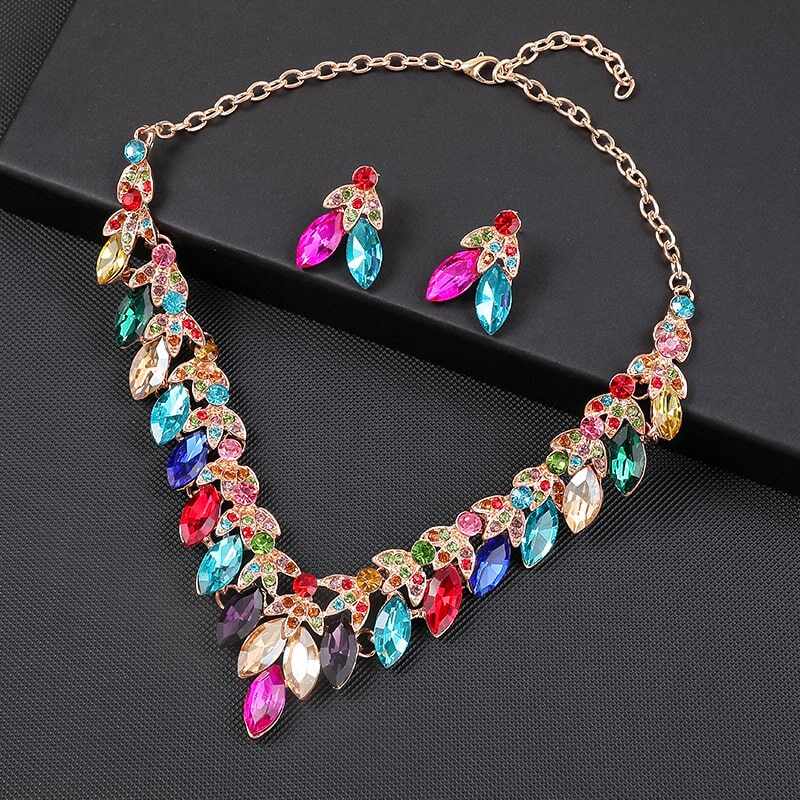 Charmming Multicolor Zircon Teardrop Necklace and Earrings Set YongxiJewelry  2