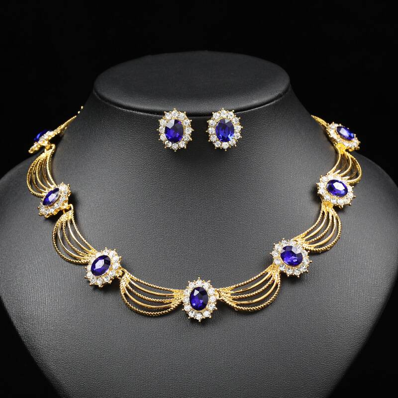 Color Zirons And Rhinestones Necklace Earrings Set YongxiJewelry blue