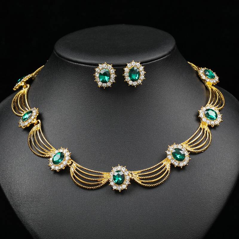 Color Zirons And Rhinestones Necklace Earrings Set YongxiJewelry green