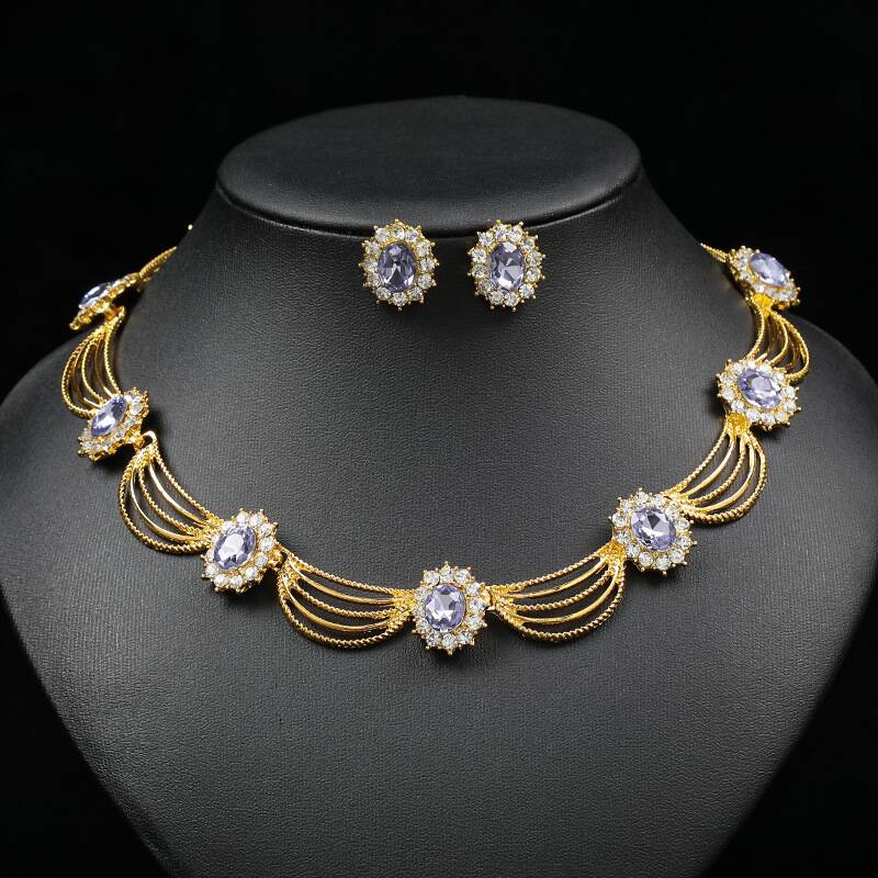 Color Zirons And Rhinestones Necklace Earrings Set YongxiJewelry purple