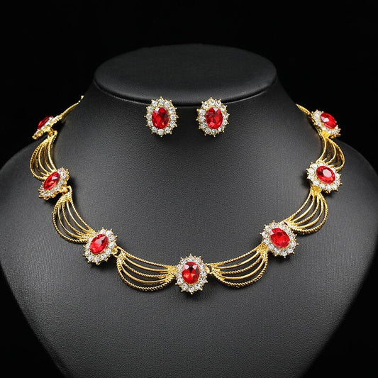 Color Zirons And Rhinestones Necklace Earrings Set YongxiJewelry red