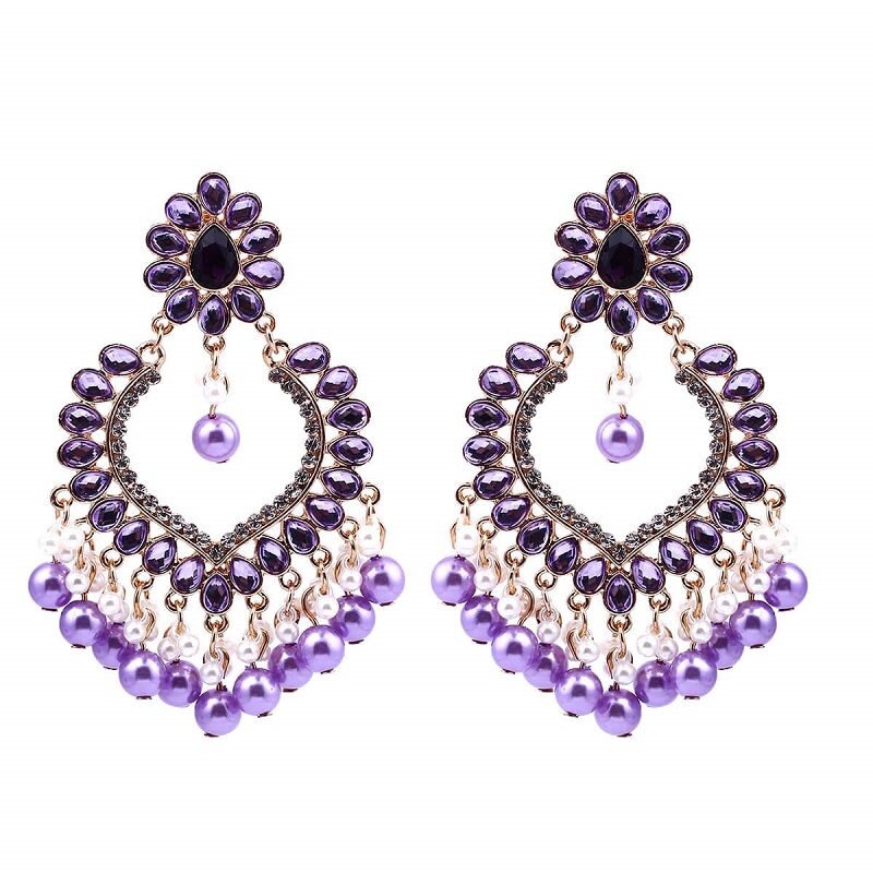 Elegant  Chandelier Zircon Pearl Earrings YongxiJewelry  purple