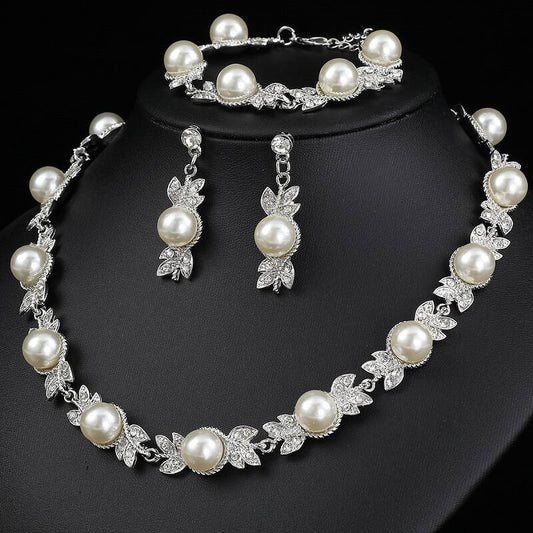 Elegant Pearl & Silver Leaf Motif Jewelry Set YongxiJewelry 1