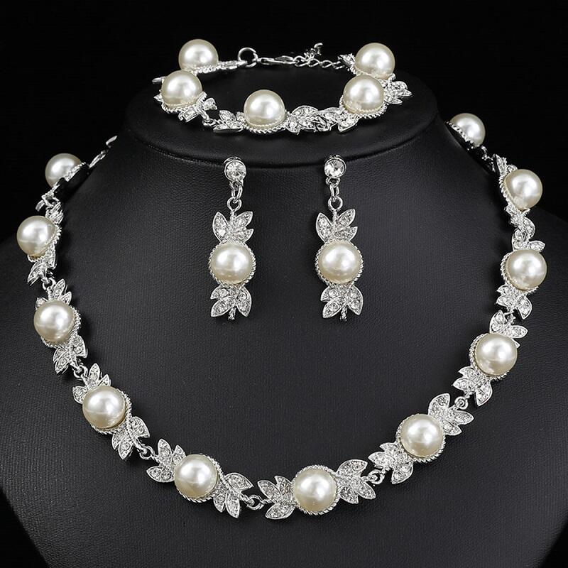 Elegant Pearl & Silver Leaf Motif Jewelry Set YongxiJewelry 2