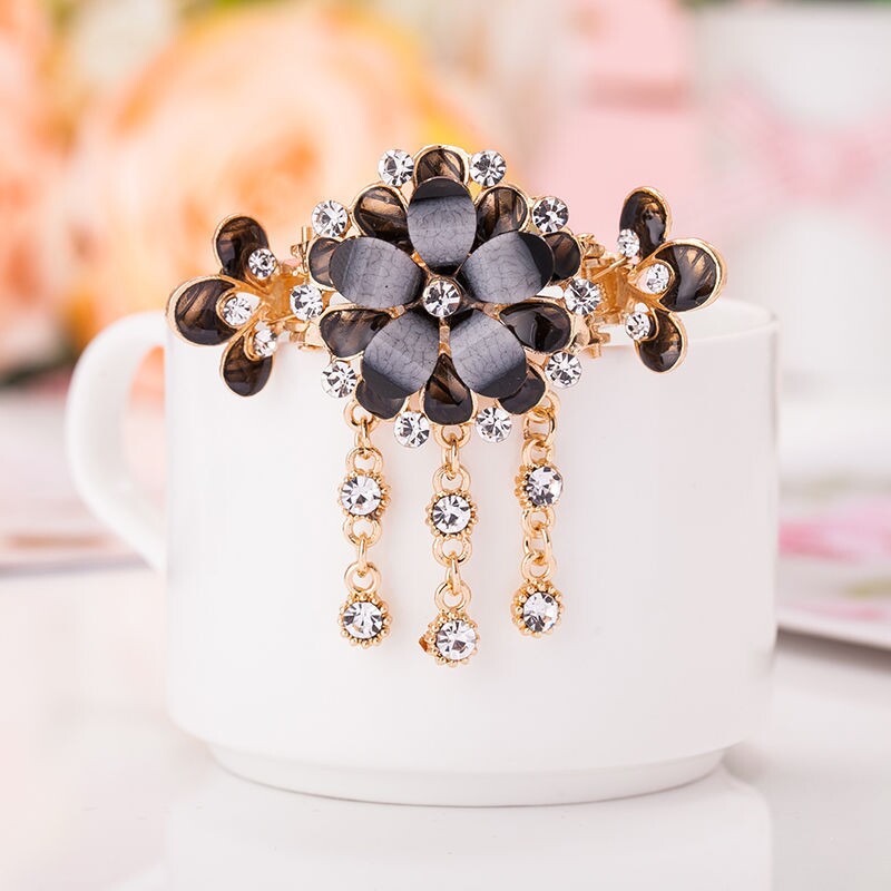 Elegant Rhinestone Flower Hairpin  YongxiJewelry black