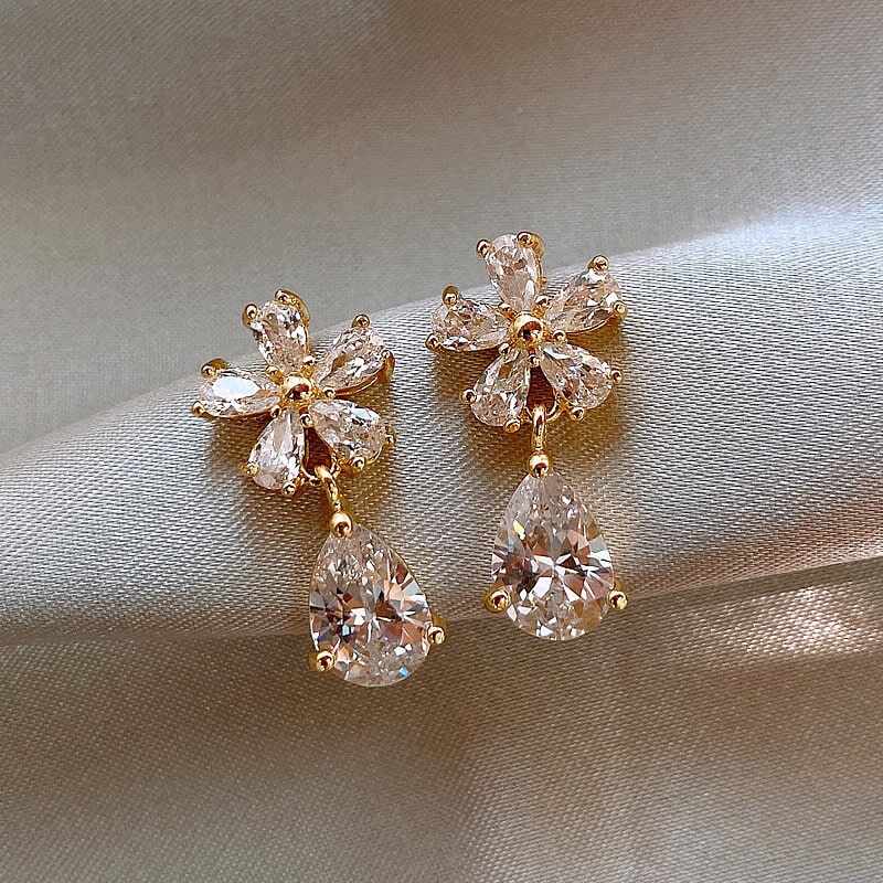 Exquisite Floral Rhinestone Drop Earrings YongxiJewelry gold