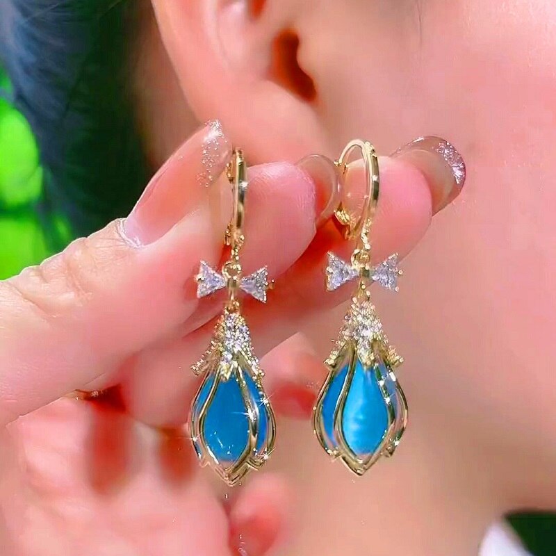 Exquisite Zircons Magnolia Teardrop Earrings YongxiJewelry blue