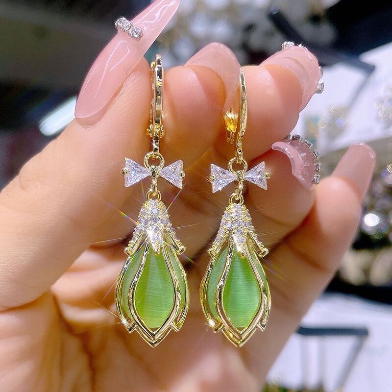 Exquisite Zircons Magnolia Teardrop Earrings YongxiJewelry green