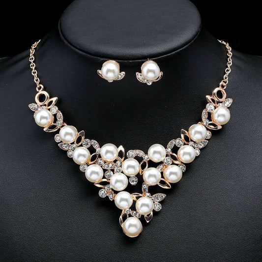 Fashion Rhinestones and Pearl Earrings Necklace Set 1