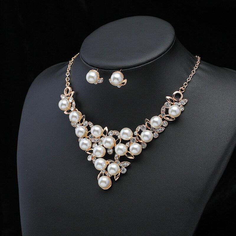 Fashion Rhinestones and Pearl Earrings Necklace Set 3