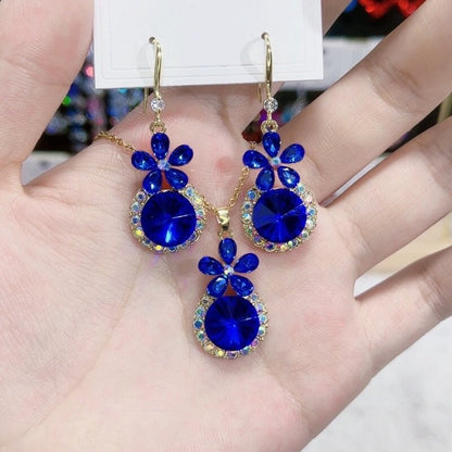 Floral Zircon Crystal Necklace and Earrings Set YongxiJewelry Blue