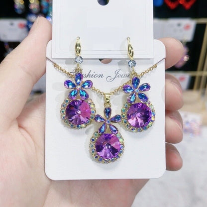 Floral Zircon Crystal Necklace and Earrings Set YongxiJewelry Purple