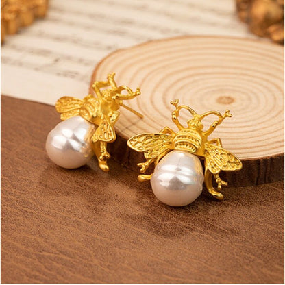 Golden Bee & Pearl Earrings YongxiJewelry 1