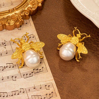 Golden Bee & Pearl Earrings YongxiJewelry 2