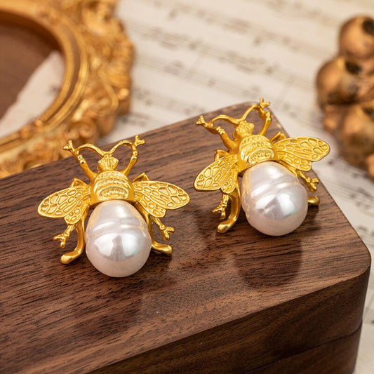Golden Bee & Pearl Earrings YongxiJewelry 3