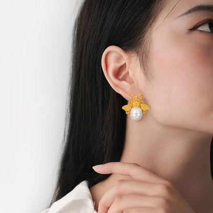 Golden Bee & Pearl Earrings YongxiJewelry 6