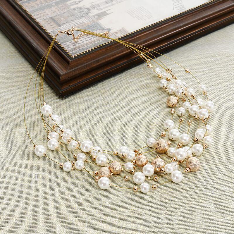 Layered Pearl and Gold Necklace, Fashion Jewelry, Silver Necklace Women - YongxiJewelry