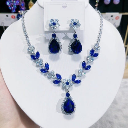 Luxurious Blue Zircon Crystal Necklace and Earrings Set YongxiJewelry 1