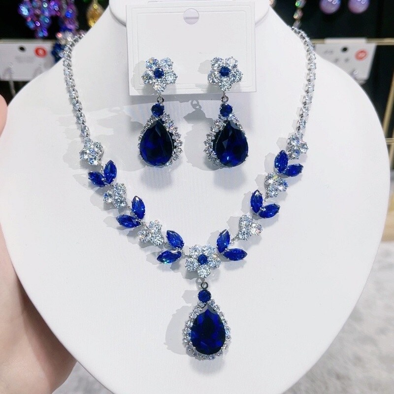 Luxurious Blue Zircon Crystal Necklace and Earrings Set YongxiJewelry 2