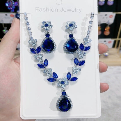 Luxurious Blue Zircon Crystal Necklace and Earrings Set YongxiJewelry 4