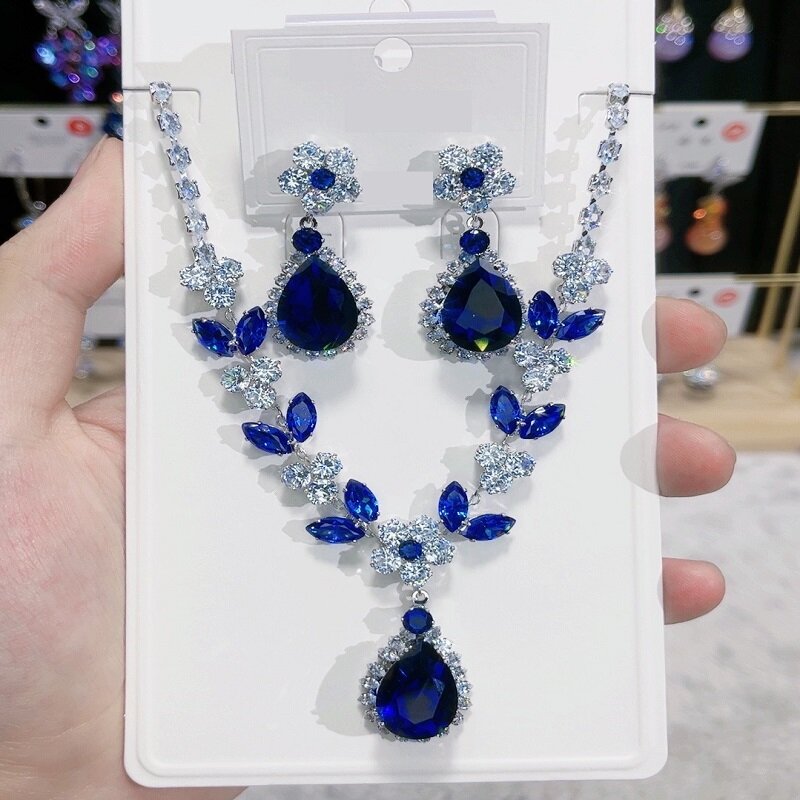 Luxurious Blue Zircon Crystal Necklace and Earrings Set YongxiJewelry 5