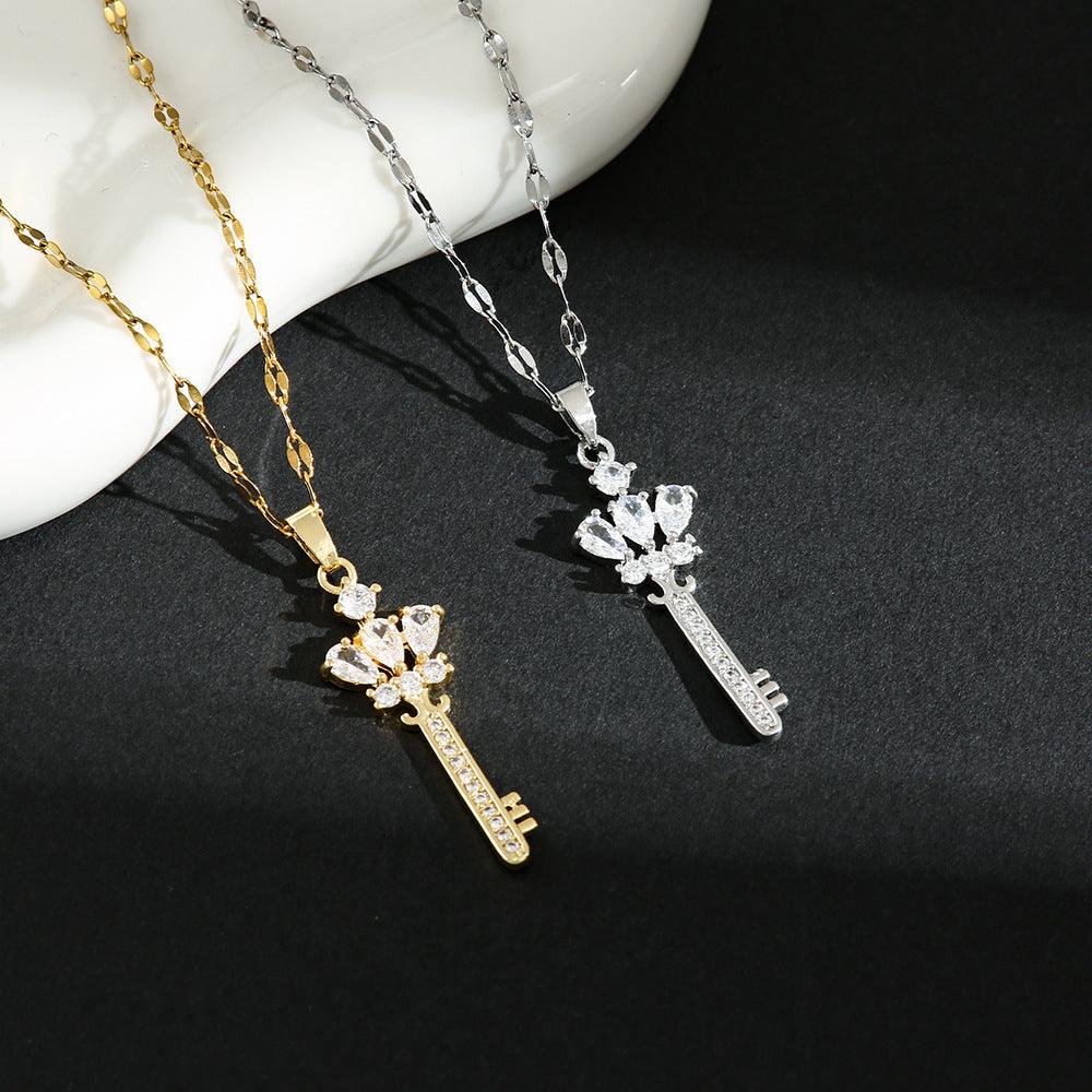 Zircon Crown Key Pendant Necklace YongxiJewelry 1