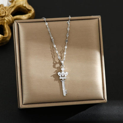 Zircon Crown Key Pendant Necklace YongxiJewelry  Silver