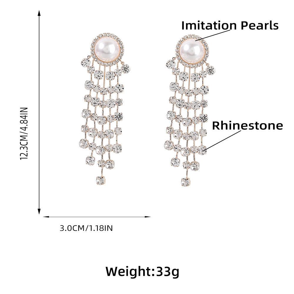 Fashion Pearls Rhinestones Long Tassel Earrings YongxiJewelry 4