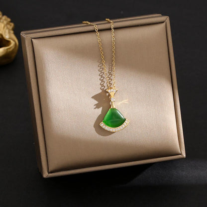 Diamond-Encrusted Mini Skirt Fan-Shaped Pendant Necklace YongxiJewelry Golden Green