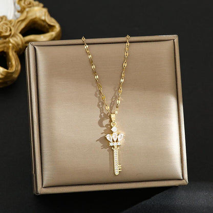 Zircon Crown Key Pendant Necklace YongxiJewelry  Golden