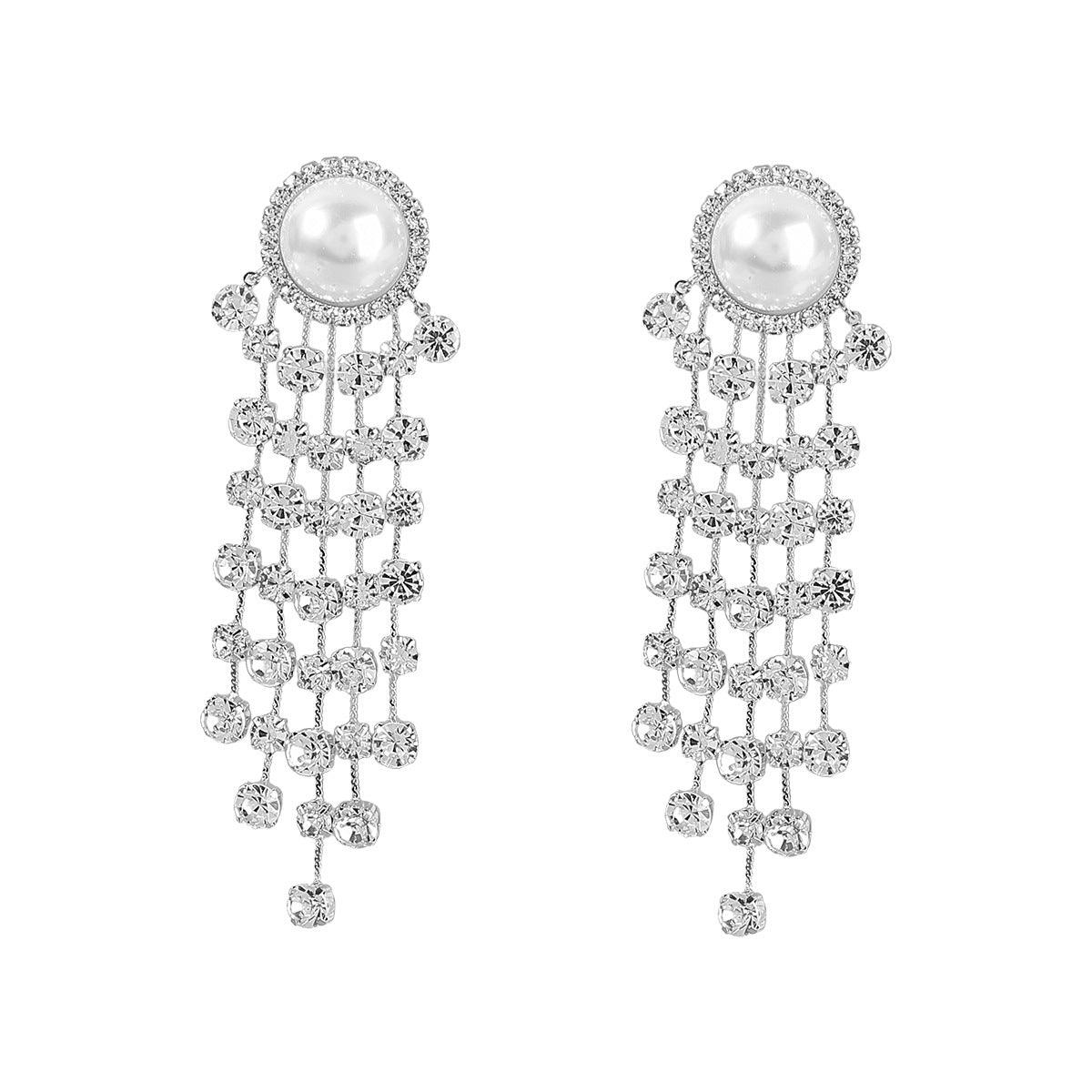 Fashion Pearls Rhinestones Long Tassel Earrings YongxiJewelry Silver