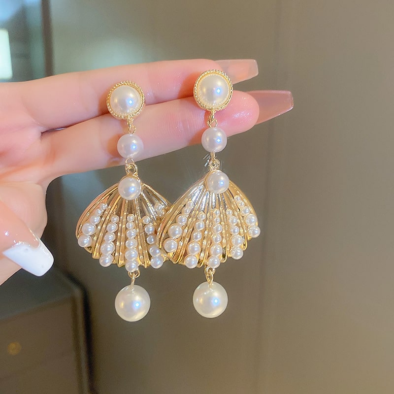 Pearl Fan-Shaped Dangle Earrings YongxiJewelry  3