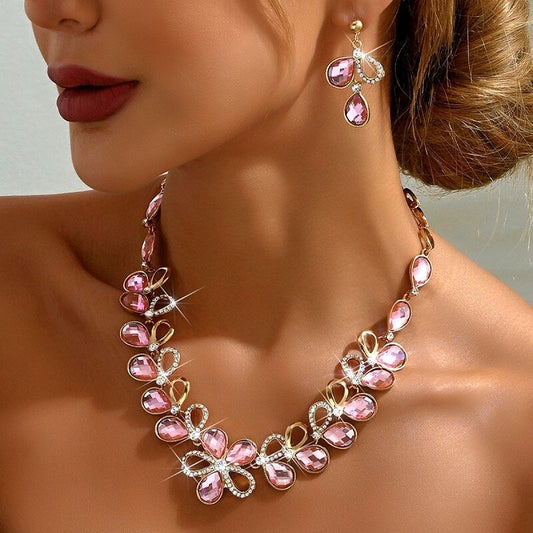 Pink Zircon Rhinestone Earrings Necklace Set YongxiJewelry 1