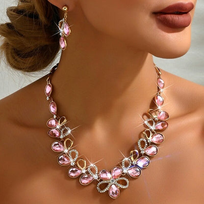 Pink Zircon Rhinestone Earrings Necklace Set YongxiJewelry 2