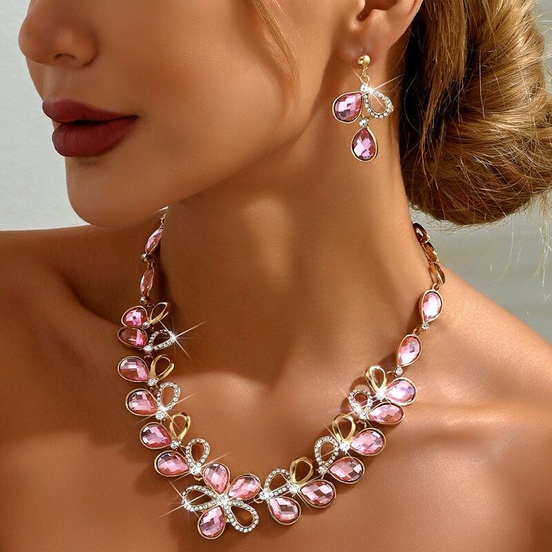 Pink Zircon Rhinestone Earrings Necklace Set YongxiJewelry 3