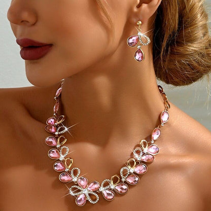 Pink Zircon Rhinestone Earrings Necklace Set YongxiJewelry 3