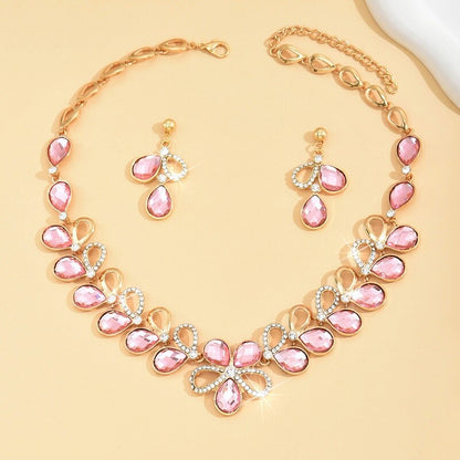 Pink Zircon Rhinestone Earrings Necklace Set YongxiJewelry 4