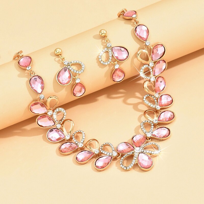 Pink Zircon Rhinestone Earrings Necklace Set YongxiJewelry 5