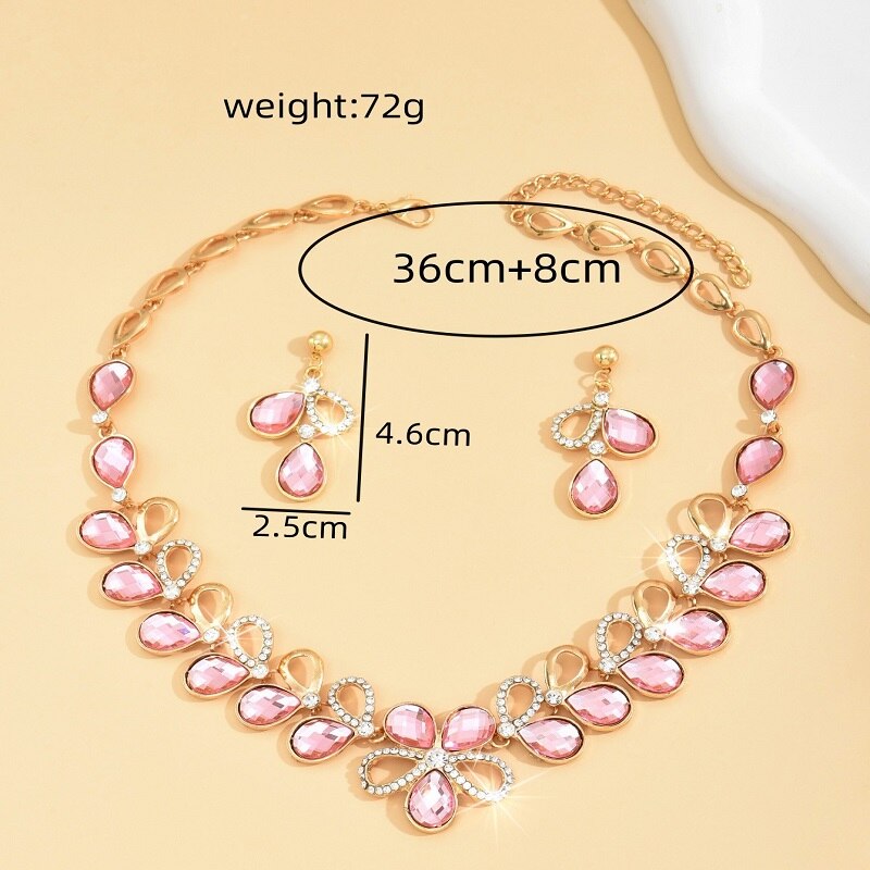 Pink Zircon Rhinestone Earrings Necklace Set YongxiJewelry 7