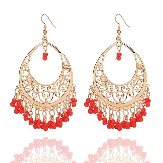 Golden Hoop Earrings with Elegant Color Beads YongxiJewelry Red