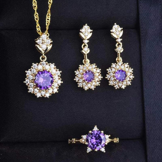 Sparkle Zircon Rhinestones Necklace Earrings Set YongxiJewelry purple